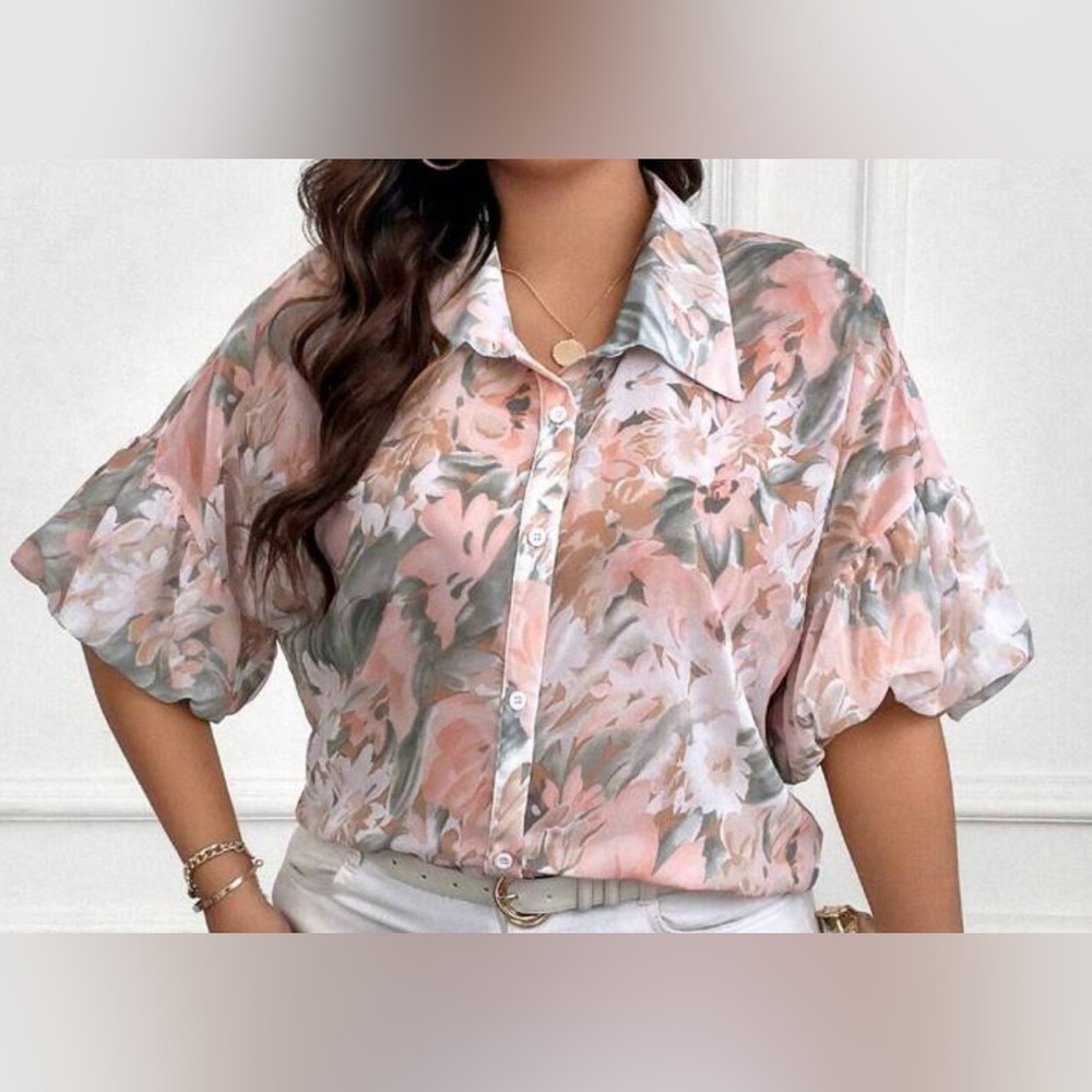 Sheer 🪷 Peach and Gray Floral Blouse with Balloon Sleeves 🪷 | 🆕 Size 0XL